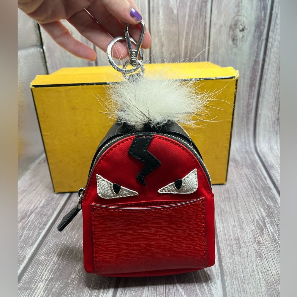 FENDI Monster Mini Backpack Bag Charm Leather Nylon & Fur Red Black w/ Box RARE - Picture 3 of 16